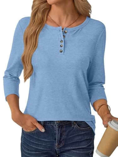 GKBK 3/4 Sleeve Womens Tops Fall Clothes Henley Casual Spring Summer Lightweight Basic Tunic Shirts Blue - Thumbnail 3