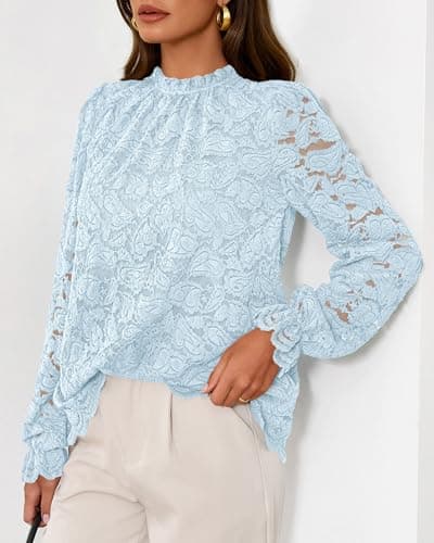 KIRUNDO Blouses for Women Dressy Casual Lace Long Sleeve Tops Mock Neck Ruffle Shirts 2026 Spring Fall Fashion Clothing(Blue, X-Large) - Thumbnail 5