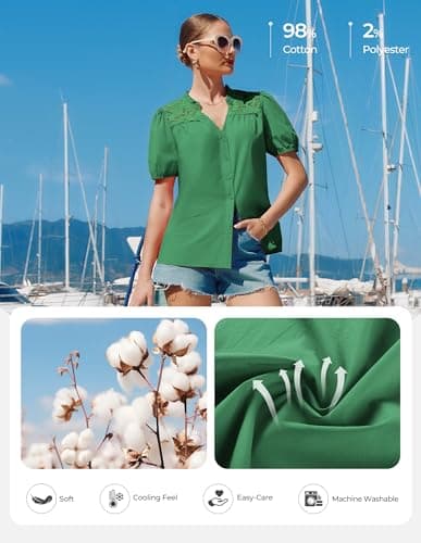 GRACE KARIN Women's 2026 Summer Casual Tops, Dressy Short Sleeve Lace Shirts, V Neck Button Down Work Blouses Outfits Shirt Green M - Thumbnail 6