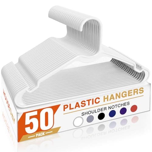 HOUSE DAY White Plastic Hangers 50 Pack, 16.25" Slim Hangers with Non-Slip Extended Notch, Perfect for Plus Size & Curvy Fits, Closet Organization Essential, Space Saving for Dorm Apartment Home - Image 1