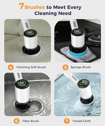 Electric Spin Scrubber, Cordless Bathroom Scrubber with 7 Brush Heads, Adjustable Long Handle Shower Scrubber for Tile Grout, Kitchen Sink, Tub, Floor, Car Wheel, White-te1 - Thumbnail 5