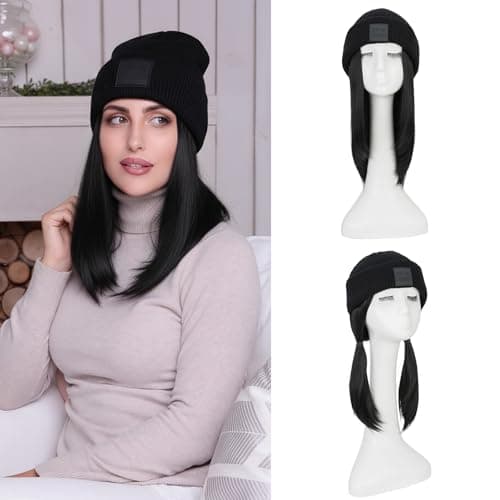 Benehair Beanie Wig Hair Extensions, Knitted Hats with Synthetic Bob Wig Hairpieces for Women Winter, 11 Inch Short Straight Jet Black Hair with Black Beanie