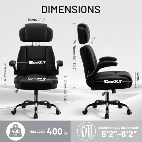 AreShark Ergonomic Office Chair with Lumbar Support, 400lbs Heavy Duty Big and Tall Executive Desk Chair, PU Leather High Back Computer Chair with Flip-Up Arms & Adjustable Headrest, Black - Thumbnail 2
