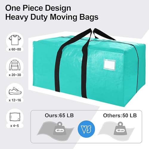 VELVETSURE 6 Pack Heavy Duty Large Moving Bags W/Backpack Straps - Strong Handles & Zippers, Storage Totes For Space Saving, Fold Flat, Alternative to Moving Box and Storage Bin, Aquamarine - Thumbnail 5