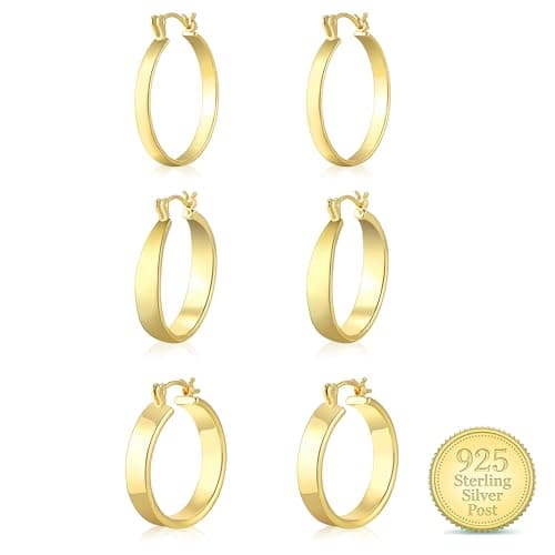 WGOUD 3Pairs 14K Gold Plated Chunky Hoop Earrings Set for Women, Trendy Hoop Earring 925 Sterling Silver Post - Hypoallergenic Thick Lightweight Twisted Hoops Dainty Gold Earrings for Women Jewelry Gifts (Gold 01) - Image 1