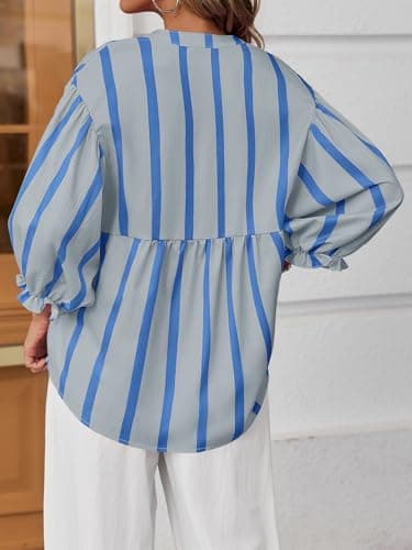 Tankaneo Womens Puff Sleeve Babydoll Tops Summer V Neck Striped Blouse Cute Casual Loose Fit Flowy Shirts Grey - Thumbnail 5