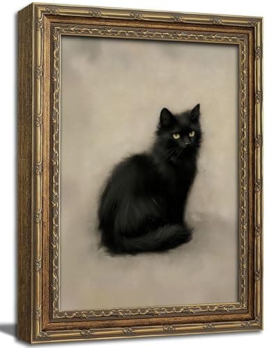 Gold Framed Wall Art, Vintage Black Cat Canvas Prints - Gothic Spooky Halloween Cat Pictures, Moody Dark Academia Animal Decor Gallery Artwork for Living Room, Bedroom 9x11 inch - Image 1