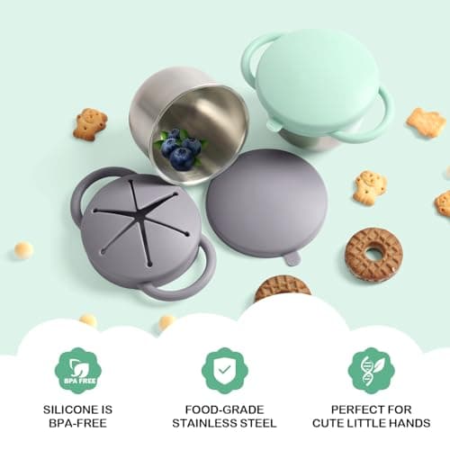 Daximo 2 Pack Snack Cups for Toddlers Spill Proof - Detachable Stainless Steel Toddler Snack Cups with Silicone Lids & Handles - Dishwasher Safe Baby Snack Containers (Matte Gray and Mint Green) - Thumbnail 4