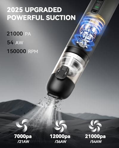 yoyoto Car Vacuum, Handheld Vacuum Cordless with 21000Pa Powerful Suction & 3 Modes, 4-in-1 Portable Hand Held Mini Vacuum Cleaner Rechargeable, Ultra Light for Car Home Office (Silver) - Thumbnail 2