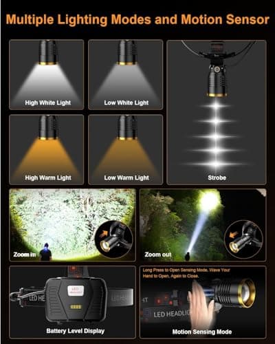 SKYFIRE Rechargeable Headlamp Motion Sensor, LED Super Bright Head lamp with 7500mAh Battery, Zoomable Adjustable Head Light for Cycling Camping Hiking - Dual Light Sources Yellow & White Light - Thumbnail 5