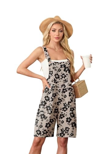 HiMONE Womens Summer Shorts Jumpsuits For Women Adjustable Loose Romper With Pockets (Khaki Black Flower-L) - Image 1