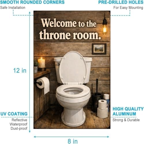 Welcome To Throne Room Bathroom Humor Metal Tin Sign Rustic Toilet Wall Decor Funny Restroom Quote Plaque Vintage Farmhouse Bar Home 8x12 Inch Pre Drilled Hanging Art Man Cave Gift Office Pub Cabin - Thumbnail 6