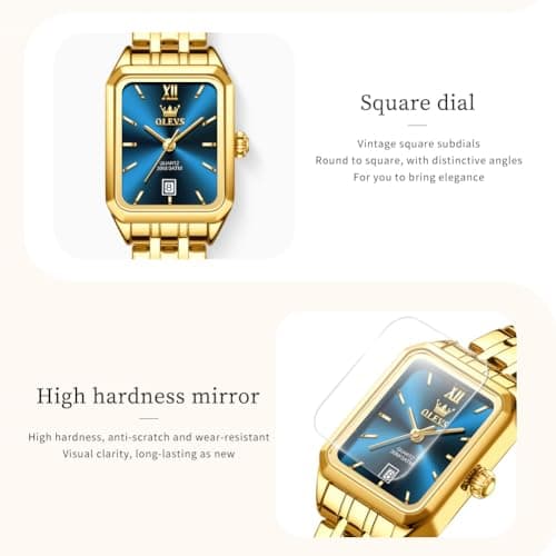 OLEVS Watch Womens Gold Luxury Rectangle Waterproof Fashion Small Wrist Blue Face Watches for Women Square Stainless Steel Analog Quartz Dress Womens Watch Reloj para Mujer - Thumbnail 5