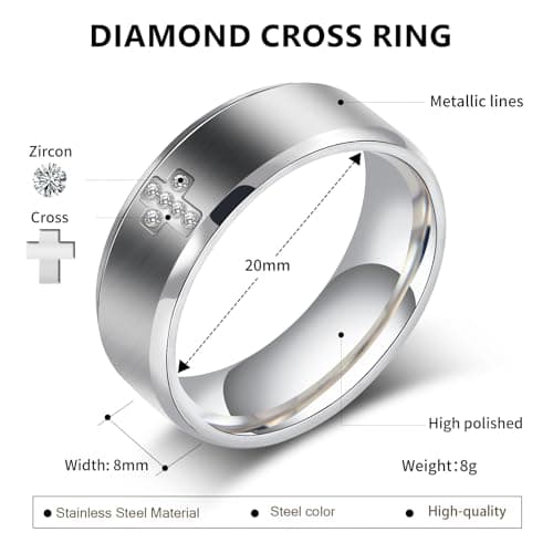 SYDNFZY Mens Wedding Band Ring - 8mm Stainless Steel Engagement Promise Rings for Men Women, Cross Classic Ring with Cubic Zirconia for Men Jewelry Gift Ring Size 6 7 8 9 10 11 (Silver, 11) - Thumbnail 2