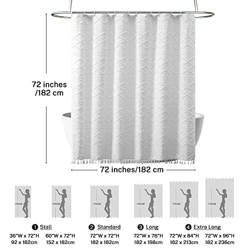 White Boho Shower Curtain Fabric Shower Curtains with Tassel 72 x 72 Modern Textured Shower Curtain Farmhouse Minimalist, Tufted Chevron Striped Shabby Chic, Water Resistant Cloth Curtain for Bathroom - Thumbnail 5