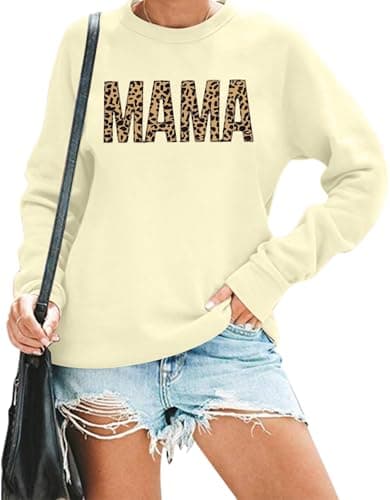 EGELEXY Mama Sweatshirts for Women Leopard Mama Crewneck Best Moms Outfit Lightweight Pullover Tops - Image 1