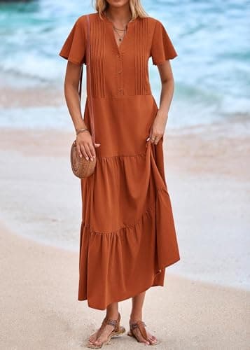 KIRUNDO Summer Maxi Dresses for Women 2026 Spring Fashion Short Sleeve Button V Neck Pleated Loose Tiered Swing Flowy Dress(Rust Red, XX-Large) - Thumbnail 6