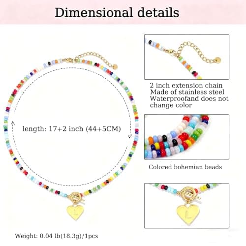 ARZASGO Initial Necklace for Women - Colorful Beaded Necklace Love Initial Letter Pendant Choker, Personalized A-Z Letter Necklaces Jewelry Gift - Thumbnail 3