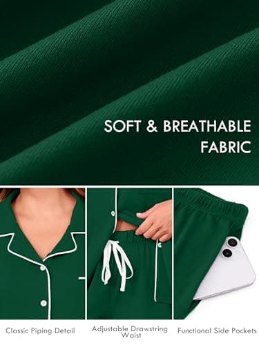 AusLook Plus Size Green Pajama Set for Women Short Sleeve Button Down Sleepwear 2 Piece Loungewear with Pockets Notch Collar Drawstring Pajama Shorts Soft Comfy PJ 1X Set - Thumbnail 6
