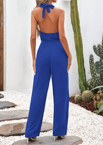 Lazysmile Summer Jumpsuits for Women Sleeveless Halter Backless Pants Romper Dressy Wide Legs One Piece Outfits - Thumbnail 2