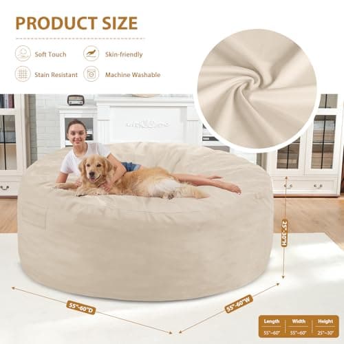 SIMFLAG 6FT Bean Bag Chair, Large Bean Bag Chairs with Memory Foam Filled, Fluffy Beanbag Sofa with Dutch Velvet Cover, Round BeanBag Chairs for Living Room, Playroom - Dark Beige - Thumbnail 3