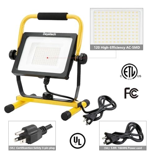DAYATECH 65W LED Work Light, 10000LM Super Bright Flood Work Light, 5000K, Waterproof and Adjustable Angle Working Lights for Workshop, Garage, 5 Ft Power Cord - Thumbnail 4