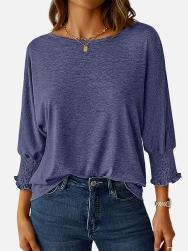 NORACORA Blouses for Women Dressy Casual 3/4 Length Sleeve Womens Tops Smocked Cuffs Trendy Summer Spring Fall Casual Shirts Navy Blue XS - Thumbnail 2