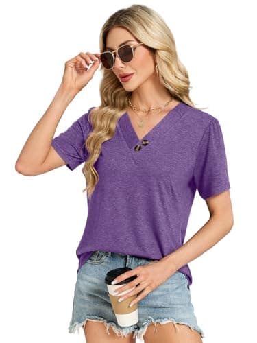 VUTRU Short Sleeve Shirts for Women Blouses Summer Tops Petite Henley Tunic Dressy Casual Plus Size Holiday Boho Clothing, Purple S - Thumbnail 4
