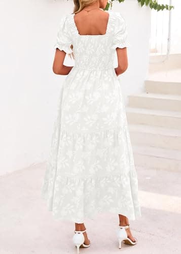 Lazysmile Women's Summer Boho Floral Maxi Dress Short Sleeve Square Neck Smocked Ruffle Elegant Wedding Guest Dress White - Thumbnail 2