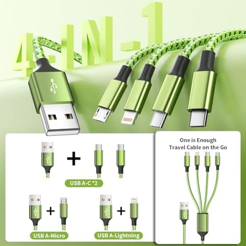 Travel Essentials, Dual Type-C 4 in 1 Charging Cable 2 Pack 5FT Multi Charging Cables for All Devices,iPhone Charger Cord Adapter 2 USB-C/IP/Micro Port for Phones,Pad,Galaxy (Fluorescent green) - Thumbnail 2