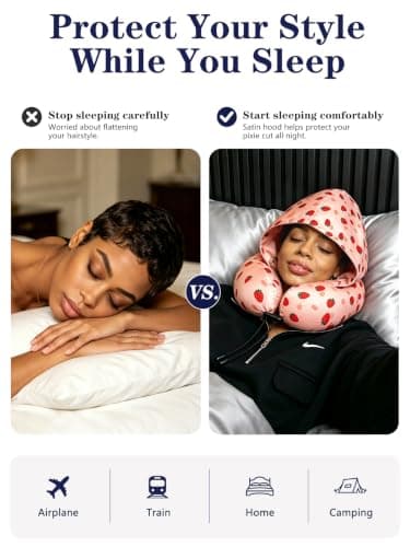 BAIKEA Satin Neck Pillow with Hood Pixie Pillows for Short Hair Sleep Travel Airplane Memory Foam Long Flight Plane Essentials Black - Thumbnail 3