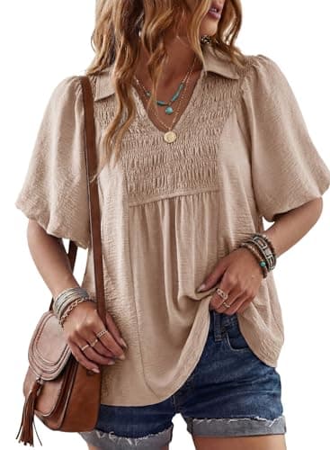 Astylish Womens Summer Dressy Puff Sleeve Babydoll Peplum Tops Cute Elegant V Neck Flowy Ruffle Tunic Shirt Apricot Large - Image 1