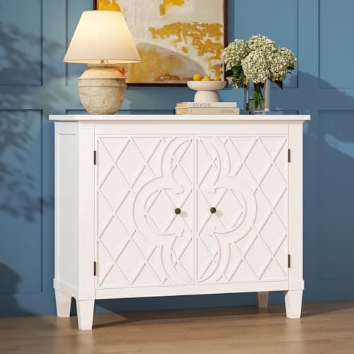 40" Coffee Bar Cabinet with Shelf, Craft Storage Cabinet with Doors, Wood Cabinet, Charming Carved Motif, Entry Way Cabinet with Storage, Sideboard Buffet for Living Room, Kitchen, Distressed White - Image 1