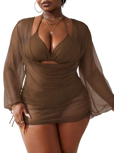 WODECASA Women's Plus Size 3 Piece Swimsuits Halter Triangle Bikini Set with Drawstring Semi Sheer Cover Up Bathing Suit - Image 1