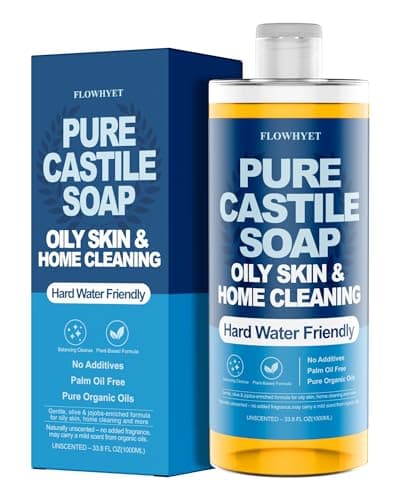 FLOWHYET Pure Castile Soap Liquid Unscented 33.8 fl oz, EWG Verified Organic Body Wash，Bath Soap Castile Liquid, Hard Water Friendly for Sensitive & Oily Skin for Body，Face, Hand, Home Cleaner 1L