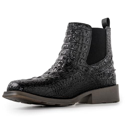 WINBIRD Cowboy Boots for Men Square Toe Faux Crocodile Western Chelsea Boots Slip on Ankle Boots Casual Mens Dress Shoes L001-BK/EY-PU-11.5 - Image 1