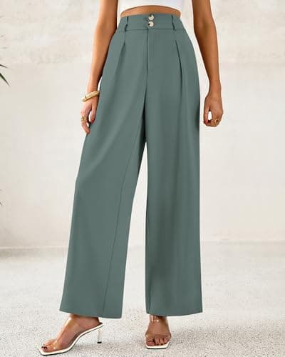 BTFBM Women Wide Leg Dress Pants 2026 High Waisted Button Pleated Business Casual Trousers Office Work Palazzo Pants(Grey Green, Medium) - Thumbnail 6