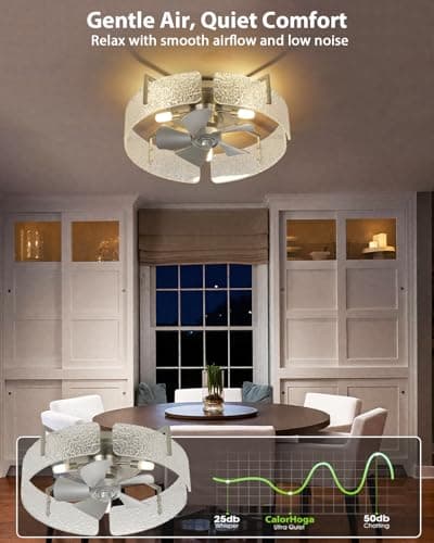 CalorHoga 20" Low Profile Caged Ceiling Fan with Light, Modern Flush Mount Ceiling Fans with Remote, Silver Fandelier Ceiling Fan with Reversible DC Motor, Small Ceiling Fans for Bedroom Living Room - Thumbnail 6
