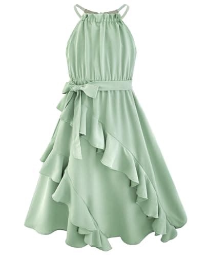 HOZIY Teen Girl Dresses Halter Neck Dress Flowy Tiered Ruffle a Line Belt Casual Summer Tween Birthday Party Dress Size 12-14 Sage Green - Image 1