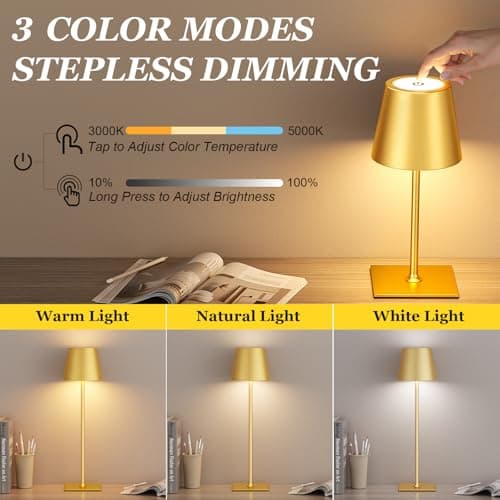 Kakanuo Gold Cordless Rechargeable Table Lamp 5000mAh Battery Operated Lamps, 3 Colors Stepless Dimming Touch Lamp for Living Room, Kitchen Counter, Dining, Outdoor Patio, 2 Pack - Thumbnail 2