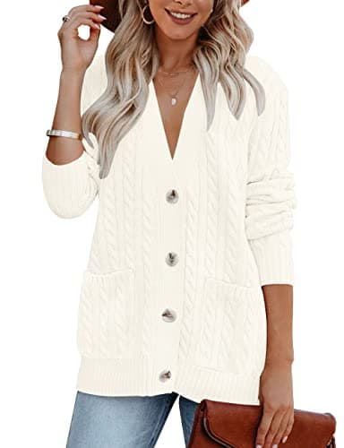 MEROKEETY Women's 2025 Fall Cable Knit Cardigan Sweater Chunky Button Up Open Front Long Sleeve Outwear Coat,Beige,S - Image 1