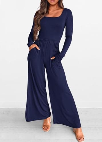 KIRUNDO Long Sleeve Jumpsuit for Women 2026 Spring Outfits Summer One Piece Square Neck Wide Leg Pants Romper With Pockets(Navy, X-Large) - Thumbnail 3