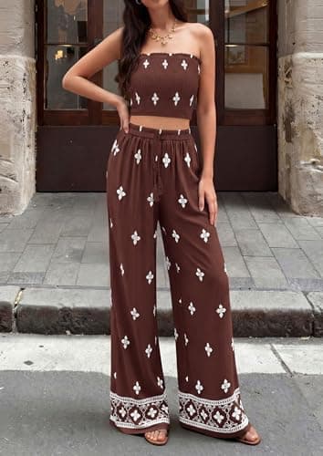 PRETTYGARDEN 2 Piece Sets for Women Summer 2026 Fashion Clothing Boho Tube Tops Wide Leg Pants Cruise Beach Vacation Outfits (Brown,X-Large) - Thumbnail 2