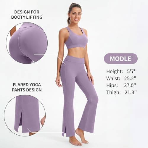 Women's High Waist Full-Length Flare Leggings with Side Slit - Tummy Control Butt Lifting Gym Yoga Pants (Purple, Large) - Thumbnail 5