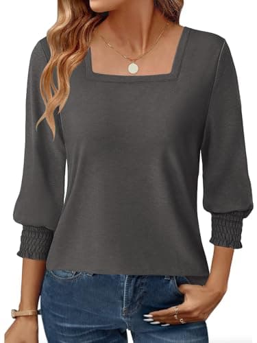 GKBK Womens 3/4 Sleeve Shirts Square Neck Dressy Casual Blouses Spring Summer Smocked Cuffs Tops A- Dark Gray - Image 1