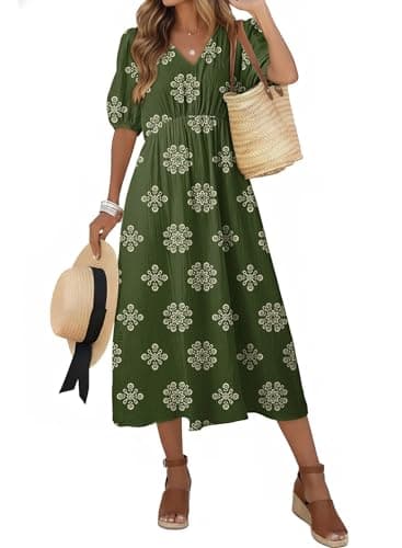 Dokotoo Boho Maxi Dress Summer Beach Vacation Clothes for Women 2026 Easter Spring Short Sleeve V Neck Elastic High Waist Womens Dresses a Line Floral Flowy Casual Sundress with Pockets Green - Image 1