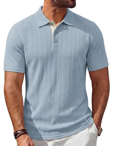 PJ PAUL JONES Mens Short Sleeve Polo T Shirt Lightweight Knitted Textured Shirts Casual Polo Golf Shirt Gray Blue M - Image 1