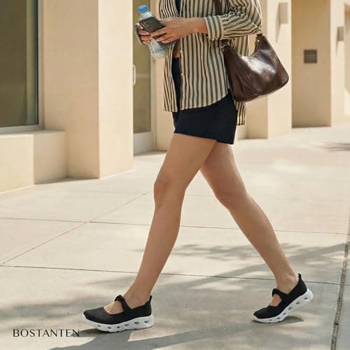 BOSTANTEN Comfortable Mary Jane Sneakers for Women - Lightweight & Breathable, Slip On Casual Shoes 2026, Wide Toe Box, Cushioned Sole for All-Day Walking/Work Black - Thumbnail 2
