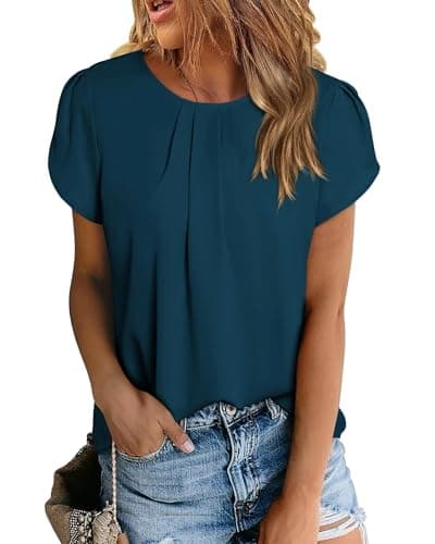 PRETTYGARDEN Women's Tops 2026 Casual Summer Round Neck Short Sleeve Basic Pleated Loose Fit Blouses Plain Tunic Shirts(Dark Blue,Small) - Image 1