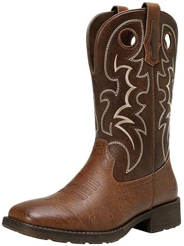 Jousen Cowboy Boots for Men, Retro Square Toe Western Boots with Embroidery, Durable Slip-Resistant Pull-On Boot with Holes (AMY8424-brown-12) - Image 1